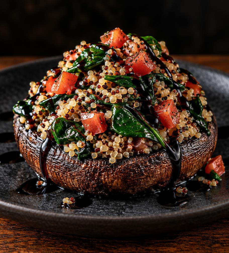 Creole stuffed portobello with quinoa, spinach, tomatoes and balsamic glaze